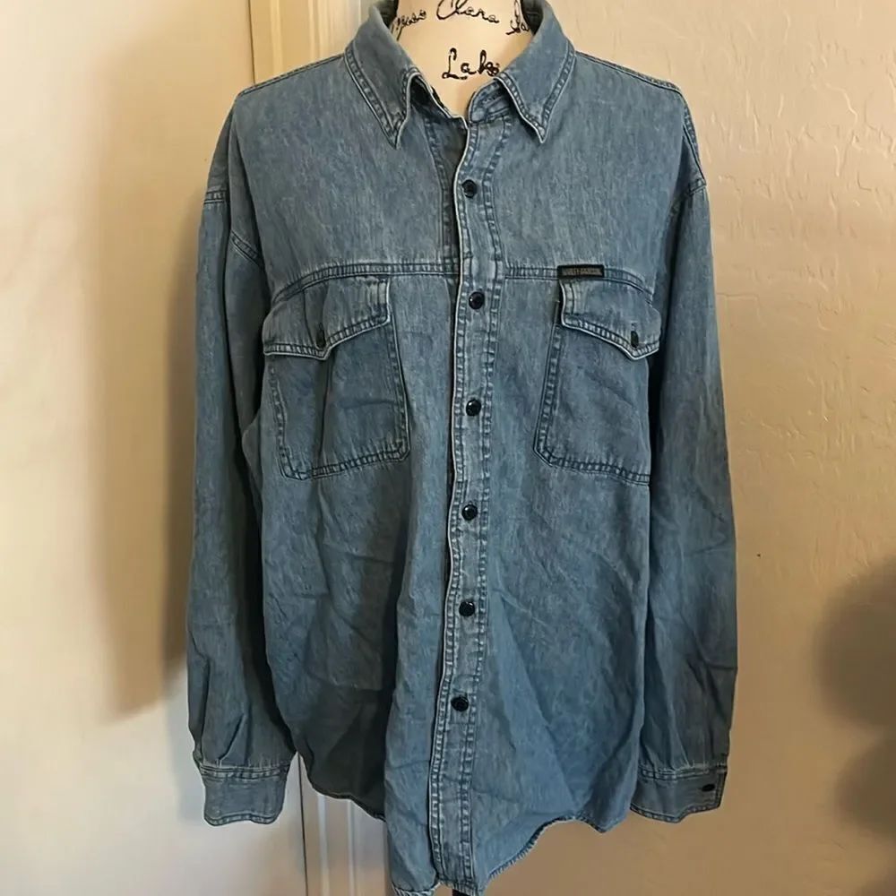 Vintage Harley Davidson Blue Chambray Ride Free Embroidered Flames Eagle Shirt